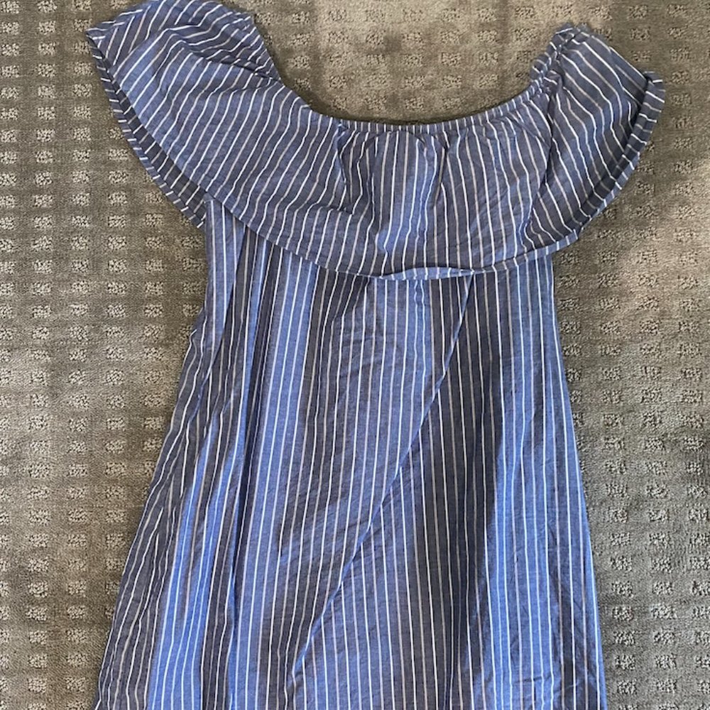 Blue and White Striped Off the Shoulder Dress